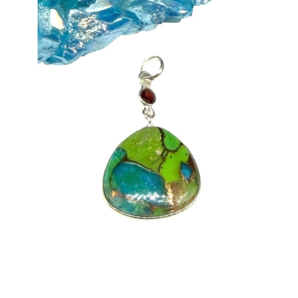 Kingman Green Copper Turquoise Necklace Garnet Pendant Solid 925 Sterling Silver